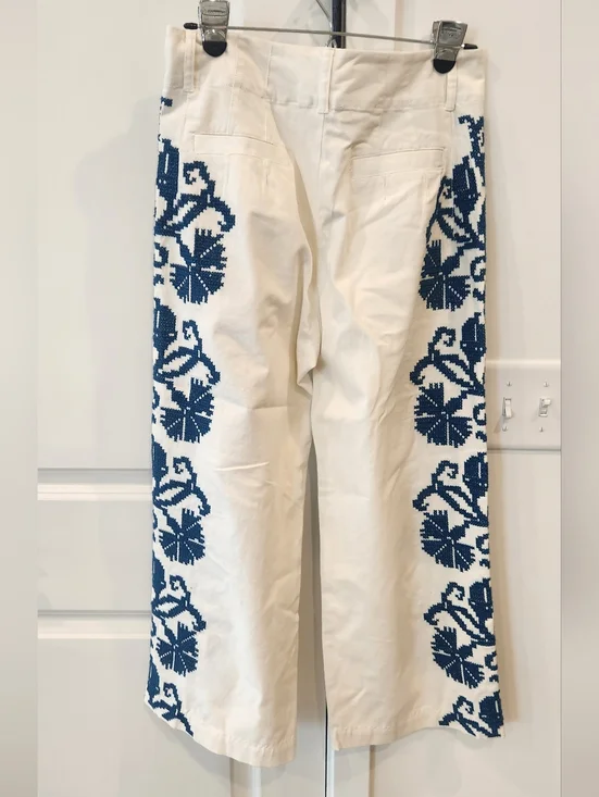 Anthropologie White Pants with Blue Embroidered Trim - Picture 6 of 7